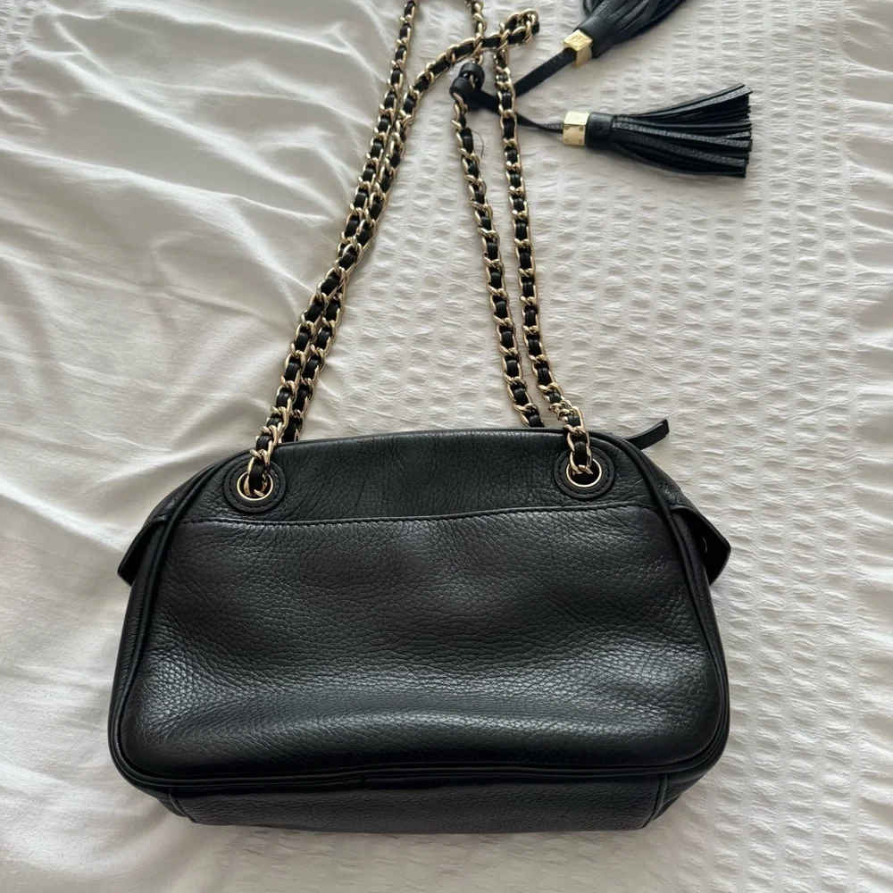 Tory Burch Thea Black Leather Crossbody Bag with Chain Strap and tassel